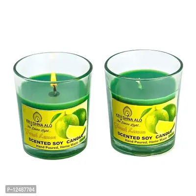 KRISHNA ALO Soy Wax Fresh Lemon Scented Glass Candles for Room Decoration, Festival, Candle Night Dinner  Birthday.(Pack of 2, Green) 90 g Each (Big Size)-thumb0