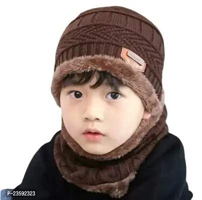 Classy Woolen Solid Beanie Cap with Neck Warmer for Kids-thumb0