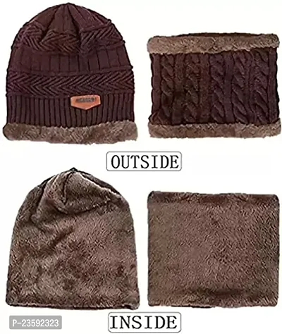 Classy Woolen Solid Beanie Cap with Neck Warmer for Kids-thumb2