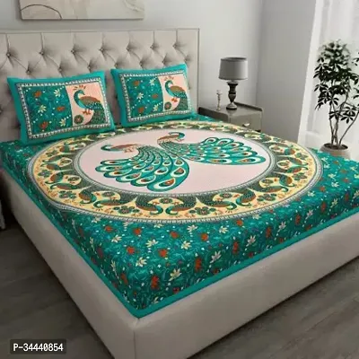 CZYKO 144 TC Cotton Double 3D Printed Flat Bedsheet Pack of 1 Peacock Green