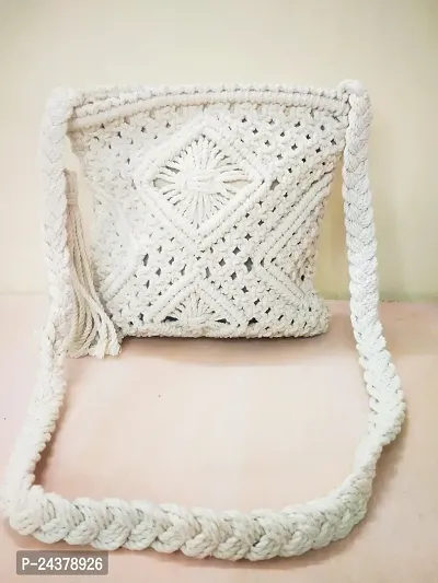 Macrameacute; Crochet Sling Bag in White Colour-thumb0