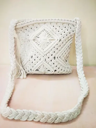 Macrameacute; Crochet Sling Bag in White Colour