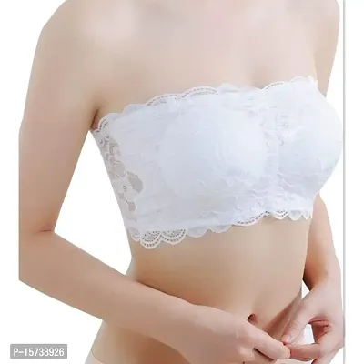 Womens Nylon Lace Spandex Padded Non Wired Floral Lace Tube Bra Strapless Padded Seamless Hook Closure Bra, Free Size, White