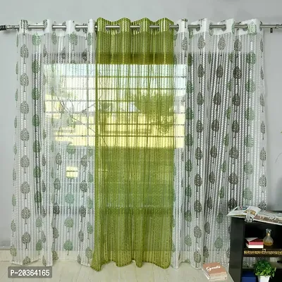 Zesture Decor Polyester Premium Sheer Tree Printed Net Transparent Pack of 3 Curtains for 7 Feet, Green-thumb0