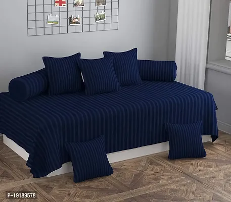 Zesture Luxurious Satin Stripe Alora Collection Microfiber 8 Piece Diwan Set -1 Single Bedsheet , 5 Cushions , 2 Bolster Covers (Sapphire Blue)-thumb0