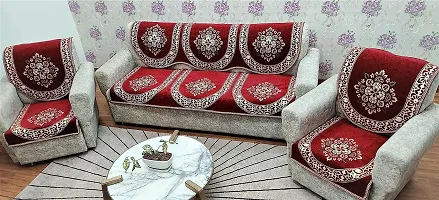 Zesture Premium Velvet Floral Rangoli 6 Piece 5 Seater Sofa Cover and Chair Set- (3+1+1) (5-Seater, Maroon)-thumb3