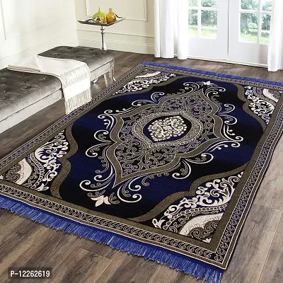 Zesture Bring Home Premium Chenille Jacquard Weaved Floral Carpet/Area Rug, 5 ft x 6 ft (Navy Blue-Black)-thumb0