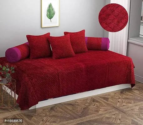 Zesture Premium Embossed Velvet Pixel Design 6 Piece Diwan Set -(1 Single Bedsheet, 3 Cushions, 2 Bolster Covers) (Maroon)
