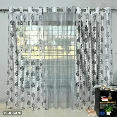 Zesture Decor Polyester Premium Sheer Tree Printed Net Transparent Pack of 3 Curtains for 7 Feet, Grey