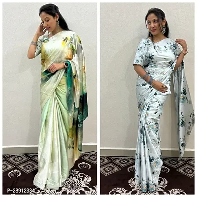 Stylish Multicoloured Satin Silk Printed Saree With Blouse Piece For Women Pack Of 2-thumb0