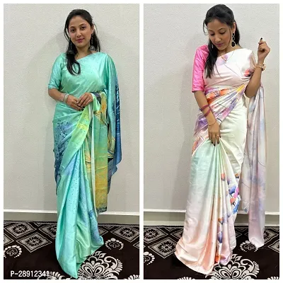 Stylish Multicoloured Satin Silk Printed Saree With Blouse Piece For Women Pack Of 2