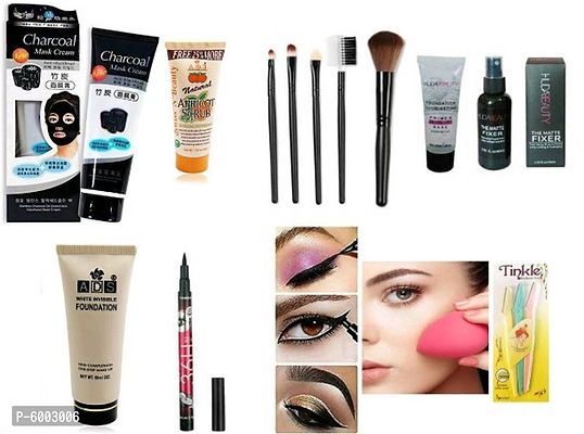 charcoal mask ,apricot scrub, 36 h eyeliner , puff ,tinkle eyebrow razor ,  fixer ,  primer , ads foundation  , makeup brush  set