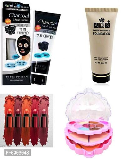 charcoal face mask cream + ads foundation + 5 in 1  lipstick +  makeup mini kit