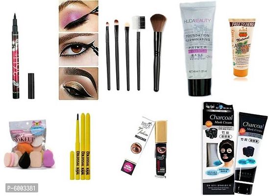 charcoal face mask cream + family pack of sponge + makeup brush set + apricot scrub + huda primer +36 eyeliner + dave mascara + 3 colossal kajal