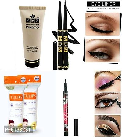 ads foundation + 2 black kajal + tulip cotton 100 cotton pads + 36 h eyeliner