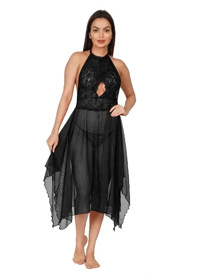 Atihsi Women's Frock Heart Babydoll Nighty with Panty, Sexy Lingerie for Honeymoon (Free Size, Black)