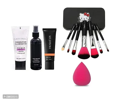 Glowhouse 7 Pcs Black hello kitty makeup brush set,Makeup fixer,Primer,Foundation,1 Makeup puff makeup combo (Set of 5)