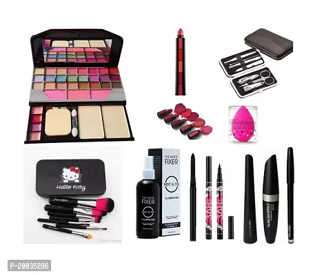 Glowhouse 6155 Makeup kit,Lipstick,7 Pcs Manicure kit,Sponge,Eyeliner Black hello kitty makeup Brush Makeup combo (Set of 11)