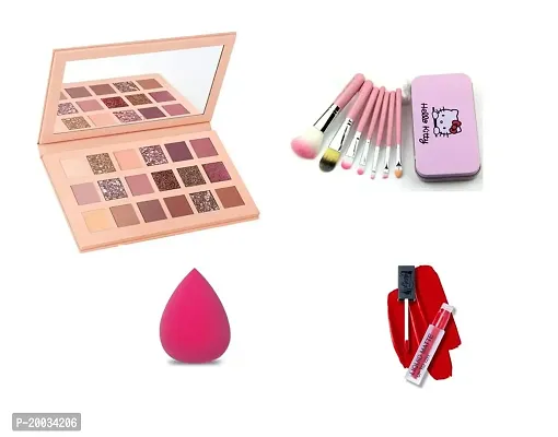 Glowhouse 18 Color nude eyeshadow palette,7 Pcs pink color hello kitty makeup brush set,1 Makeup sponge,Red Color lipstick (Set of 4)-thumb0