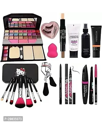 Glowhouse 6155 Makeup Kit and 7 Black Makeup Brushes,Contour Stick,Primer,Fixer,Foundation,Kajal, 36H Eyeliner,Eyelashes  Curler, Beauty Blender  3in1 Liner,Mascara,Eyebrow Pencil - (Pack of 20)-thumb0