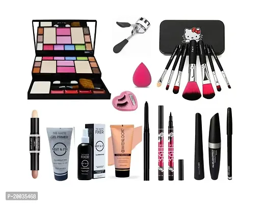 Glowhouse Mini size makeup kit,Eyelashes curler,1 Makeup sponge,black hello kitty makeup brush set,mascara set combo (Set of 14)