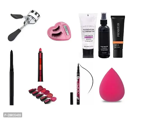 Glowhouse Eyelashes curler,eyelashes,black kajal,sketch eyeliner,Lipstick,Makeup sponge Makeup combo (Set of 9)