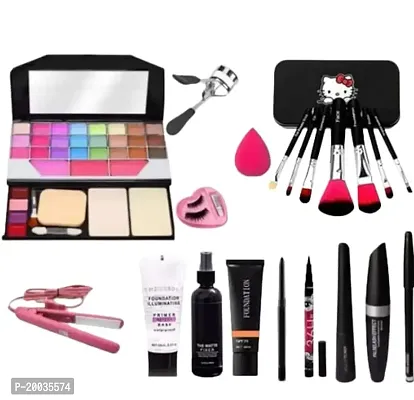 Glowhouse Makeup Beautiful combo Of 12 items (All In One Eyeshadow Pallete+ Eyecurler+Eyelashes+Makeup Blender+7 Pc Brushes SET+Foundation Fixer  Primer+Kajal+ 36 H Eyeliner