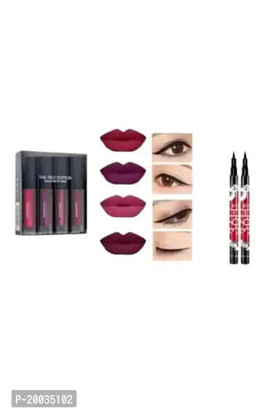 Glowhouse Combo Liquid Matte Minis Lipstick (Red Edition 4) and 2 Waterproof Sketch Eyeliner Pack of 6