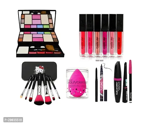 Glowhouse mini size makeup kit,6 Pcs matte liquid matte lipstick,black hello kitty makeup brush set,1 makeup sponge,sketch eyeliner,Mascara set combo (Set of 14)