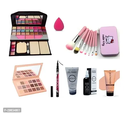 Glowhouse Professional makeup combo 1 Makeup sponge,7 pcs pink color hello kitty makeup brushs set,Nude eyeshadow,foundation,eyeliner Makeup combo (Set of 8)