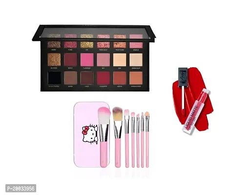 Glowhouse 18 Colors rose gold eyeshadow palette,7 Pcs pink color hello kitty makeup brush set,Red color Lipstick (Set of 3)-thumb0