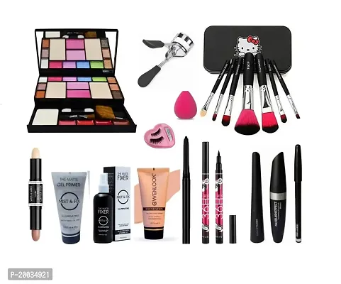 Glowhouse professional makeup combo,eyelashes with eyelashes curler,black hello kitty makeup brush set,eyeliner,contour stick,Mascara set combo (Set of 14)