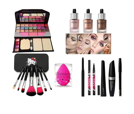 Glowhouse Highlighter illuminator,Black hello kitty makeup brush set,1 Sponge,Eyeliner,Mascara combo (Set of 11)