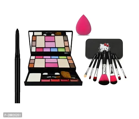 Glowhouse Professional Makeup combo Mini Makeup kit,7 pcs black hello kitty makeup brush set,1 makeup sponge,1 Kajal (Set of 4)