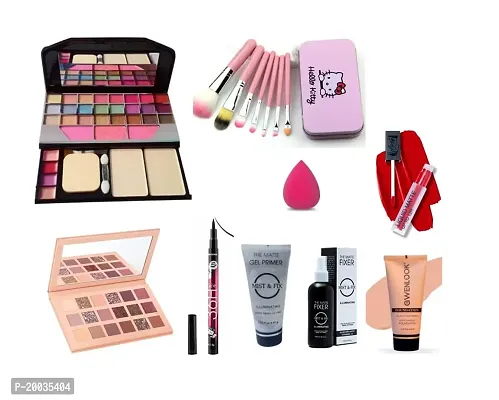 Glowhouse professional makeup combo pink color hello kitty makeup brush set,nude eyeshadow palette,sketch eyeliner,Makeup base primer,Lipstick Makeup combo (Set of 9)