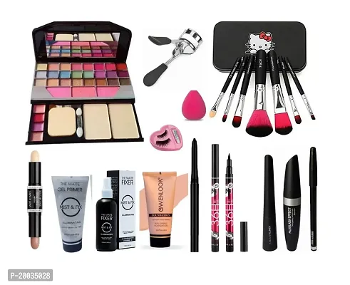 Glowhouse Professional makeup combo Black hello kitty makeup brush set,6155 Makeup kit,eyeliner,Foundation,makeup fixer,Mascara set combo (Set of 14)