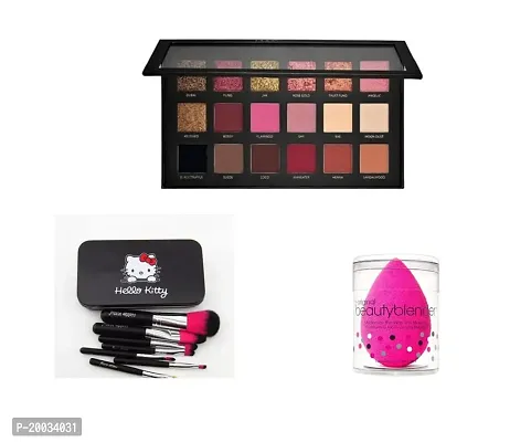 Glowhouse 18 Colors rose gold eyeshadow palette,Pink color 7 pcs hello kitty makeup brush set,1 Makeup sponge (Set of 3)