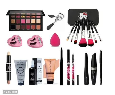 Glowhouse Rose gold eyeshadow palette,Eyelash curler,eyelashes,Black hello kitty makeup brush,Eyeliner mascara combo set (Set of 15)