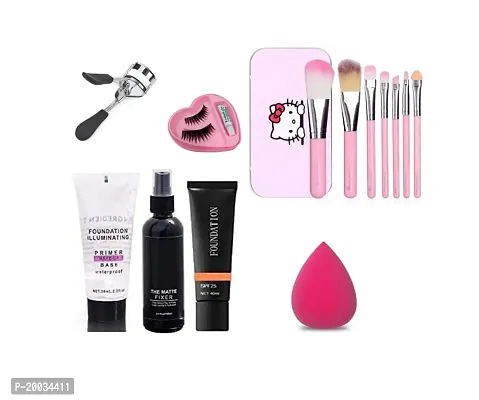 Glowhouse pink color hello kitty makeup brush set,Makeup fixer,foundation,primer,Eyelashes curler glue,1 Makeup sponge Makeup combo (Set of 7)