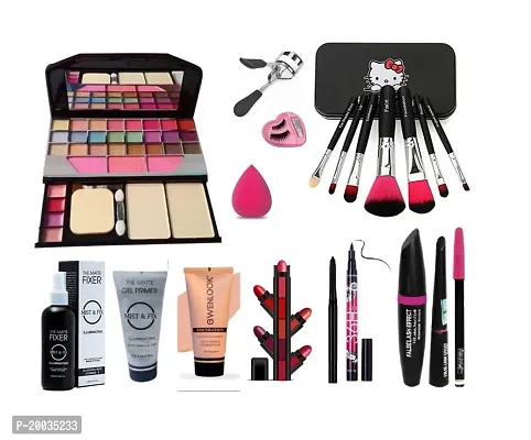 Glowhouse Professional makeup combo eyelashes curler,eyelashes,Black hello kitty makeup brush set,Makeup fixer,Mascara set combo (Set of 14)