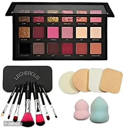 Glowhouse Face combo of Eyeshadow 18 shades with 7pc makeup brush set and 6in1 makeup sponge blender (Multicolour, 3 items in set)