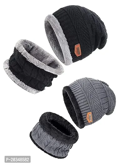 Fashionable Black And Grey Winter Caps Pack Of 2