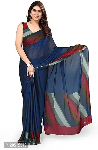 Elegant Navy Blue Chiffon Saree with Blouse piece For Women-thumb0