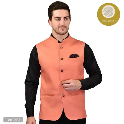 Reliable Peach Cotton Blend  Nehru Jackets For Men