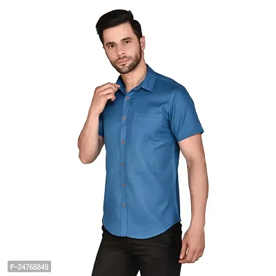 PRINTCULTR Men's Cotton Blend Casual Designer Solid Color Shirt | Regular Slim Fit Half Sleeve, Straight, Waist Length Collared Neck Solid Formal Shirt | Blue-thumb3