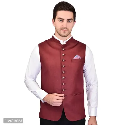 Reliable Brown Cotton Blend  Nehru Jackets For Men-thumb2
