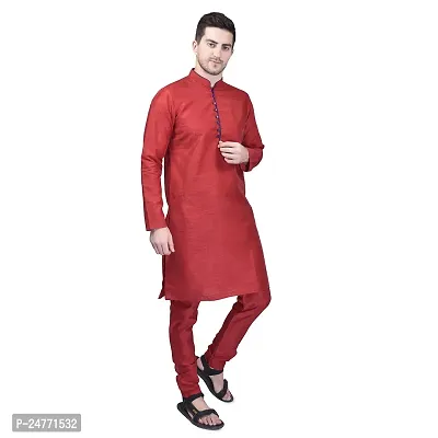 PRINTCULTR Men's Silk Traditional Kurta Pyjama Set | Regular Long Sleeve Solid Kurta | Elastic Waistband Pyjama | (PCDSK8)-thumb3