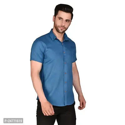 PRINTCULTR Men's Cotton Blend Casual Designer Solid Color Shirt | Regular Slim Fit Half Sleeve, Straight, Waist Length Collared Neck Solid Formal Shirt | Blue-thumb0