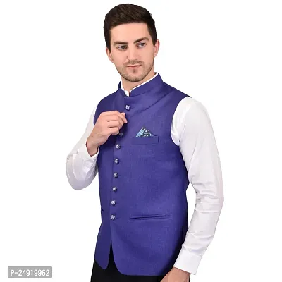 Reliable Blue Cotton Blend  Nehru Jackets For Men-thumb4