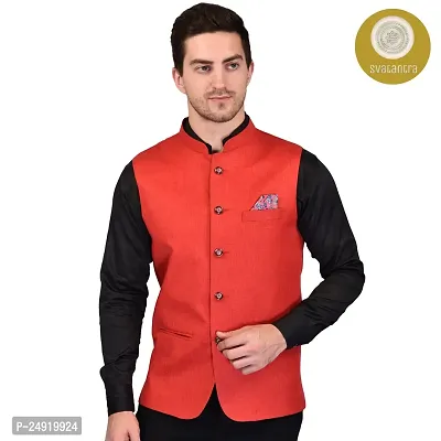 Reliable Red Cotton Blend  Nehru Jackets For Men-thumb0